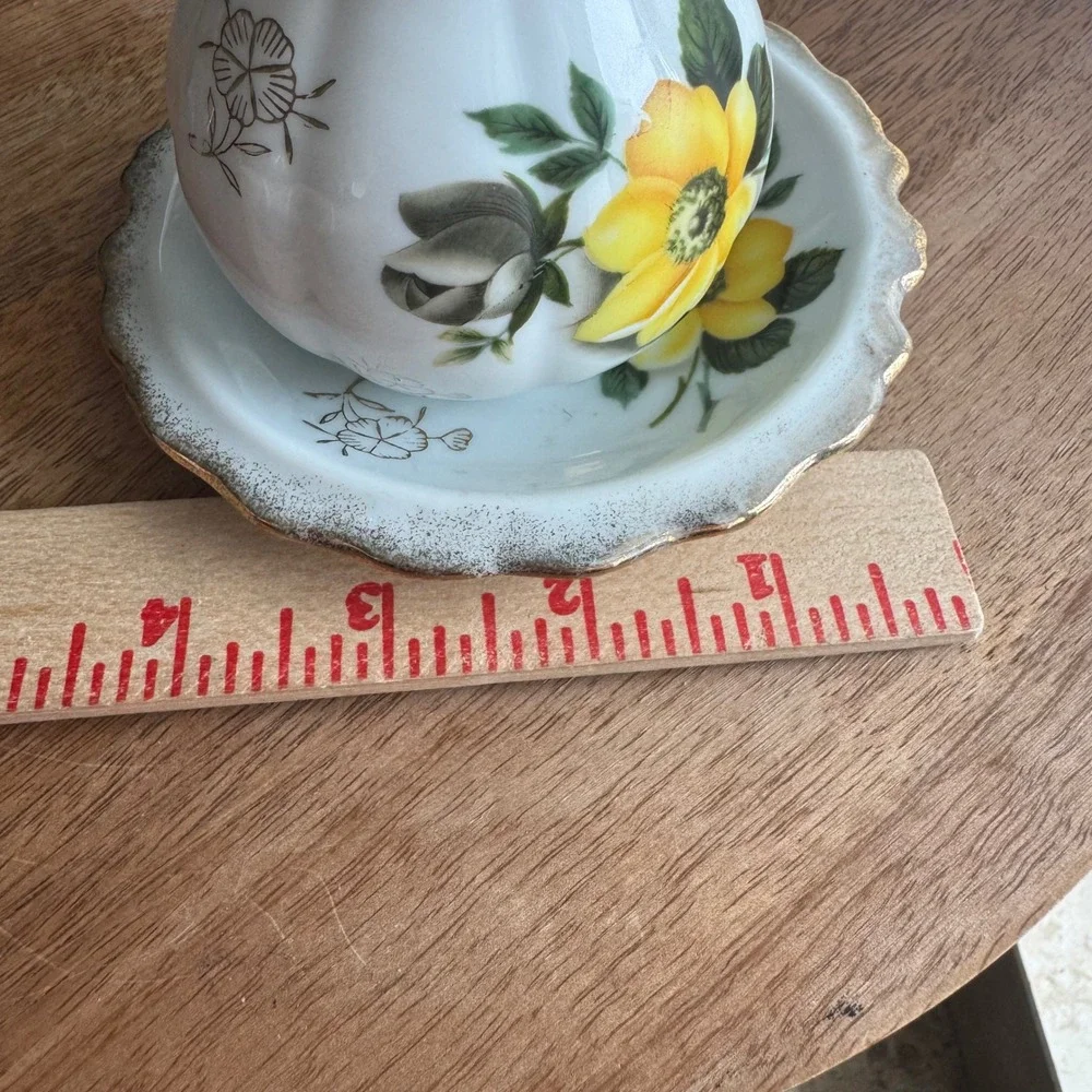 VTG Enesco Mini Pitcher Creamer and Saucer White Yellow Floral Gold Trim Japan